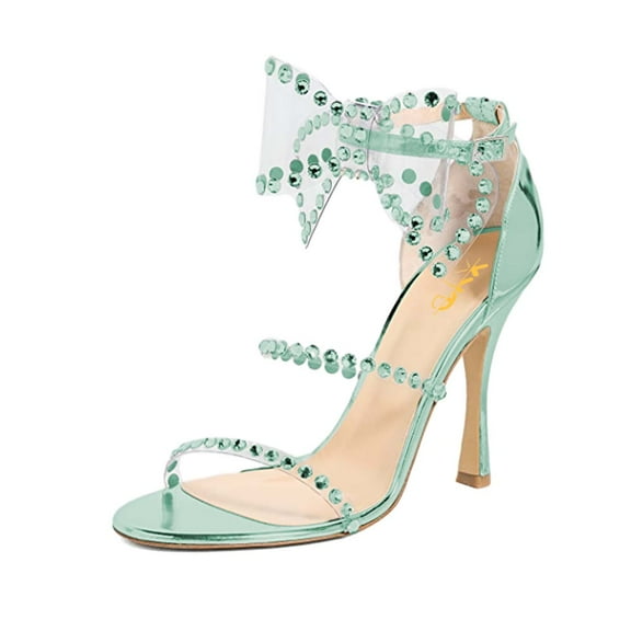 XYD Women Bling Rhinestones Round Open Toe Sandals Oversized Bow Ankle Strap Clear High Heels Fashion Pump Shoes Size 10 Green