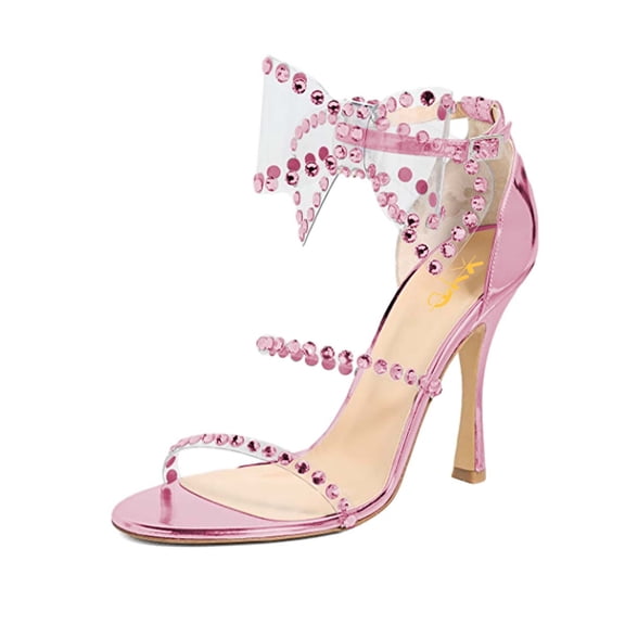 XYD Women Bling Rhinestones Round Open Toe Sandals Oversized Bow Ankle Strap Clear High Heels Fashion Pump Shoes Size 5 Pink
