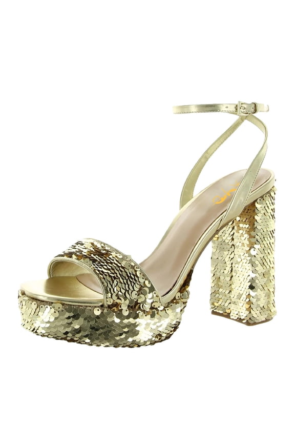 Women Bling Sequins Open Toe Platform Sandals Chunky High Heel Pumps Slender Ankle Buckle Strap Nightclub Shoes Size 10 Light Gold