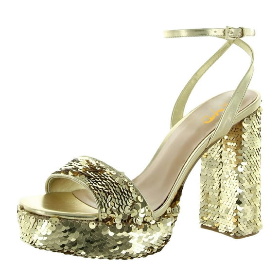XYD Women Bling Sequins Open Toe Platform Sandals Chunky High Heel Pumps Slender Ankle Buckle Strap Nightclub Shoes Size 7 Light Gold