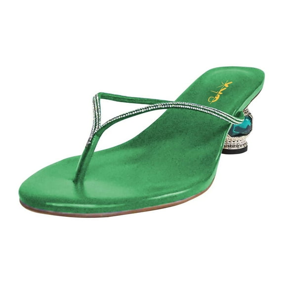 XYD Women Bling Thong Crystal Block Low Heel Sandals Flip Flops Round Open Toe Slip On Casual Dressy Shoes Size 10 Green