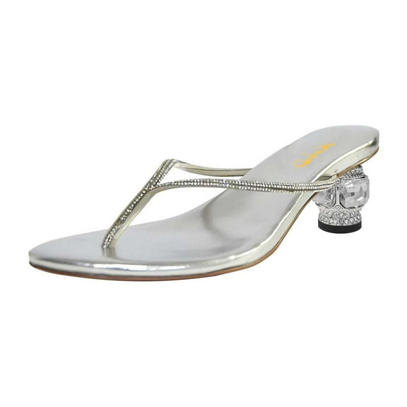 XYD Women Bling Thong Crystal Block Low Heel Sandals Flip Flops Round Open Toe Slip On Casual Dressy Shoes Size 12 Silver