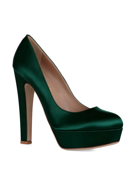 Women Block Heels Satin Evening Pumps Round Toe Thick Platform Shoes for Events Weddings Size 7.5 Emerald Green