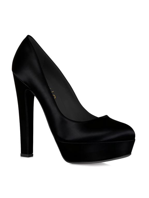Women Block Heels Satin Evening Pumps Round Toe Thick Platform Shoes for Events Weddings Size 7 Black