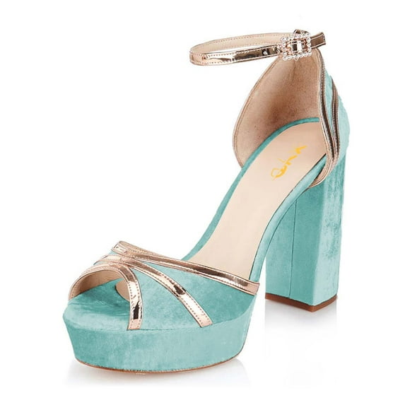 XYD Women Block High Heel Peep Open Toe Sandals Ankle Strap Platform Velvet Pumps Elegant Bridal Shoes Size 5.5 Blue