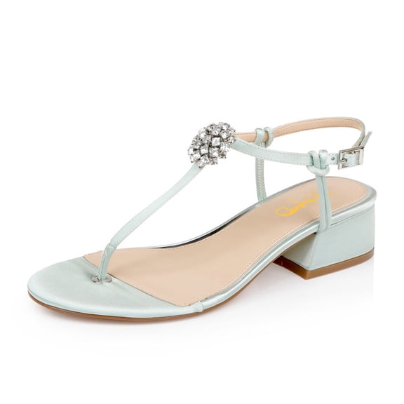 XYD Women Block Low Heel Thong Sandals Round Open Toe Crystals Ankle Strap Buckled Dress Party Shoes Size 13.5 Blue