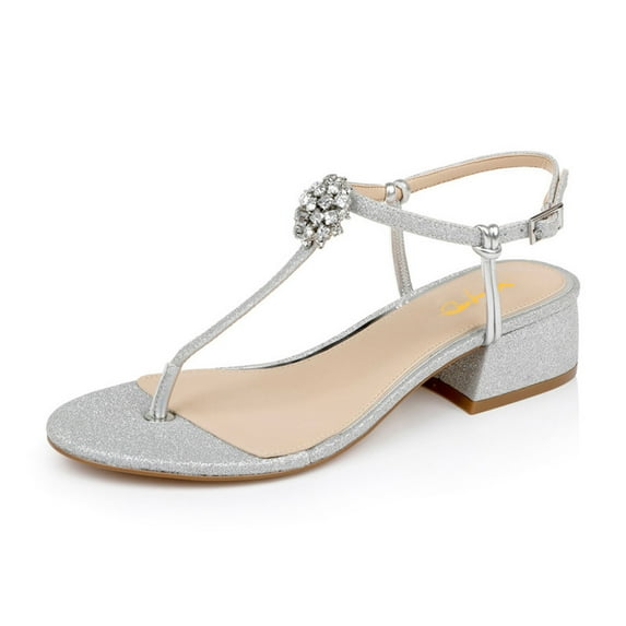 XYD Women Block Low Heel Thong Sandals Round Open Toe Crystals Ankle Strap Buckled Dress Party Shoes Size 15.5 Silver