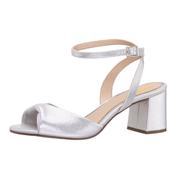 XYD Women Block Mid Heels Sandals Almond Open Toe Adjustable Buckle Ankle Strap Pumps Classic Wedding Shoes Size 11 Silver
