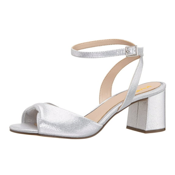 XYD Women Block Mid Heels Sandals Almond Open Toe Adjustable Buckle Ankle Strap Pumps Classic Wedding Shoes Size 16 Silver