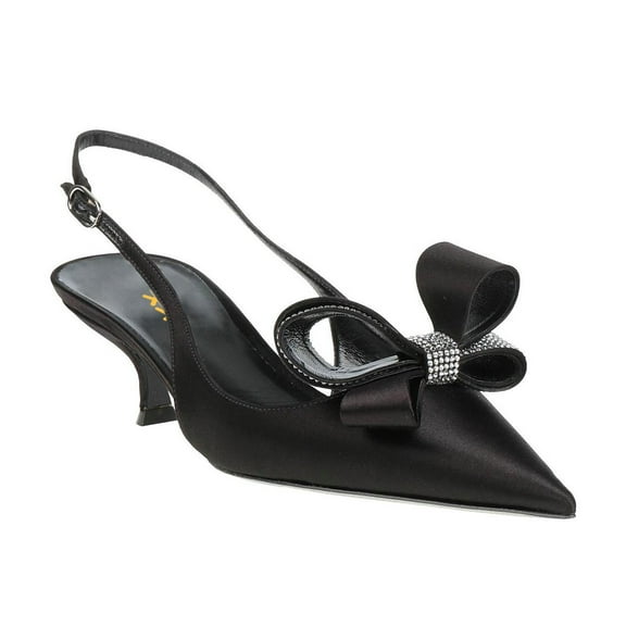 XYD Women Bow Rhinestones Slingback Pumps Pointed Toe Buckled Low Kitten Heel Sandals Elegant Wedding Prom Shoes Size 4.5 Black