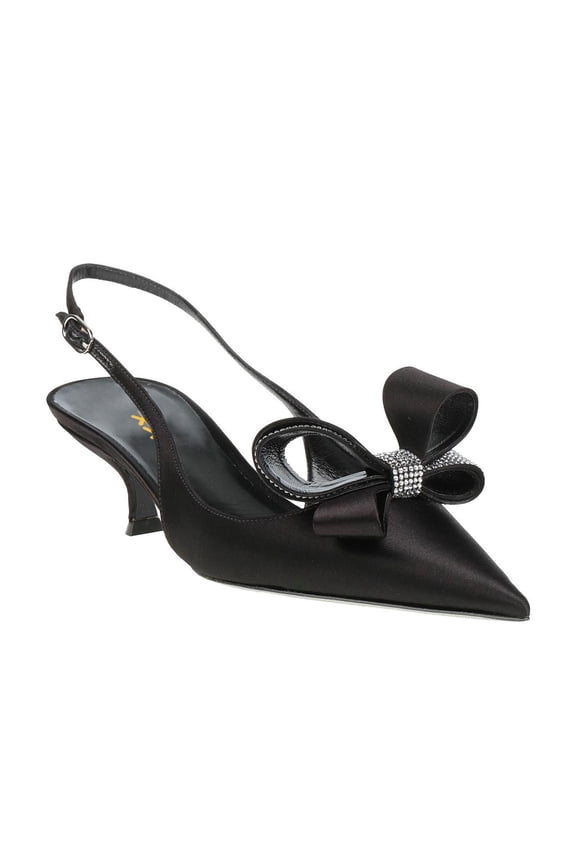 Women Bow Rhinestones Slingback Pumps Pointed Toe Buckled Low Kitten Heel Sandals Elegant Wedding Prom Shoes Size 5 Black