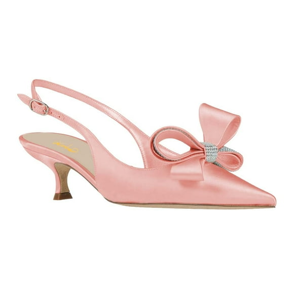 XYD Women Bow Rhinestones Slingback Pumps Pointed Toe Buckled Low Kitten Heel Sandals Elegant Wedding Prom Shoes Size 7 Pink