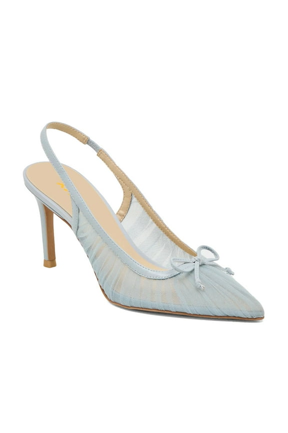 Women Bowknot Pointed Toe Mesh Pumps Slingback Mid Thin Heels Elegant Party Dressy Bridal Sandal Shoes Size 8.5 Pale Blue