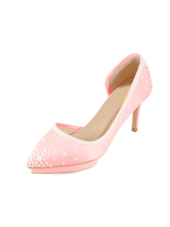 Women Bridal D'Orsay Pearl Pointed Closed Toe Pumps Low Platform Mid Heels Slip-on Elegant Prom Shoes Size 7 Pink