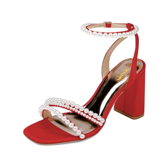 XYD Women Bridal Pearl Strappy Square Open Toe Sandals Block High Heels Buckle Ankle Strap Pumps Dress Prom Cocktail Shoes Size 15 Red