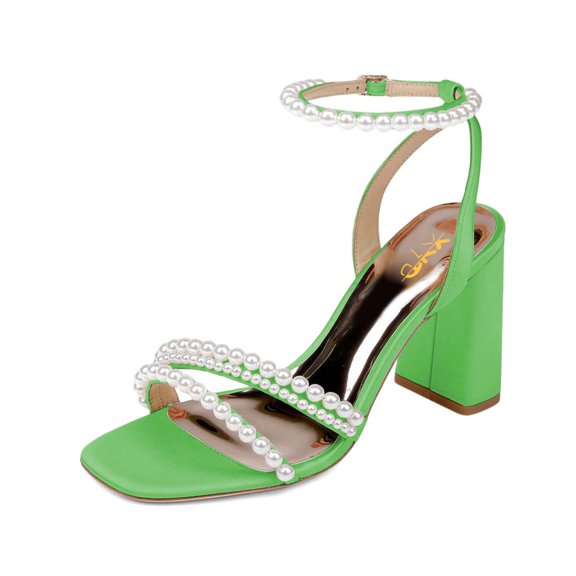XYD Women Bridal Pearl Strappy Square Open Toe Sandals Block High Heels Buckle Ankle Strap Pumps Dress Prom Cocktail Shoes Size 5 Green