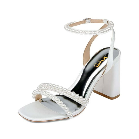 XYD Women Bridal Pearl Strappy Square Open Toe Sandals Block High Heels Buckle Ankle Strap Pumps Dress Prom Cocktail Shoes Size 8 White