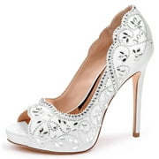 XYD Women Bride Peep Toe Platform Pumps Rhinestones Studded Satin Stiletto High Heels Slip On Wedding Shoes Size 10 White