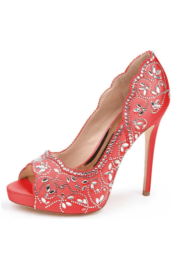 Women Bride Peep Toe Platform Pumps Rhinestones Studded Satin Stiletto High Heels Slip On Wedding Shoes Size 13.5 Red