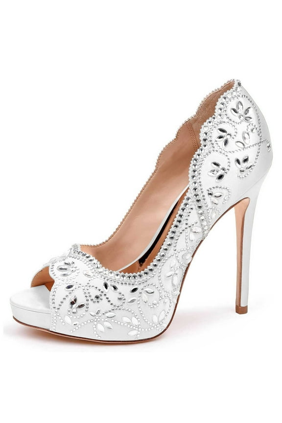 Women Bride Peep Toe Platform Pumps Rhinestones Studded Satin Stiletto High Heels Slip On Wedding Shoes Size 7 White