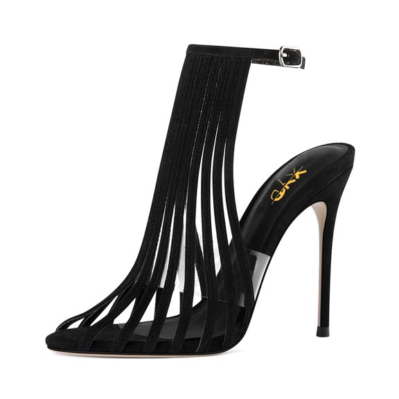 XYD Women Caged Pointed Peep Toe Sandals Sexy Stiletto Thin High Heels Transparent PVC Ankle Strap Slingback Pump Shoes Size 12 Black