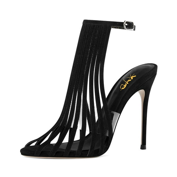 XYD Women Caged Pointed Peep Toe Sandals Sexy Stiletto Thin High Heels Transparent PVC Ankle Strap Slingback Pump Shoes Size 13 Black