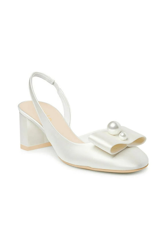 Women Cap Round Toe Pearls Slingback Pumps Elastic Strap Mid Block Heel Shoes Elegant Prom Bridal Sandals Size 5 White
