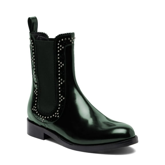 XYD Women Chelsea Flat Ankle Boots Chunky Low Heel Round Toe Elastic Side Fashion Rivet Studs Office Casual Shoes Size 10.5 Green