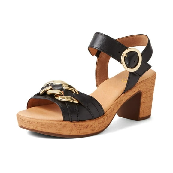 XYD Women Chic Ankle Strap Block Cork Heel Platform Sandals Round Open Toe Textured Chain Strap Summer Comfort Shoes Size 16 Black