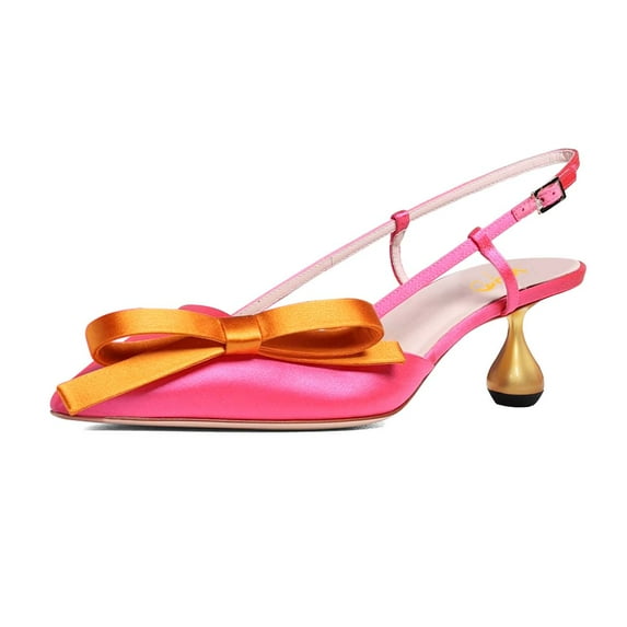 XYD Women Chic Bowknot Pointed Toe Slingback Pumps Metal Flared Low Heels Buckled Strap Sandals Dressy Shoes Size 13.5 Pink-orange