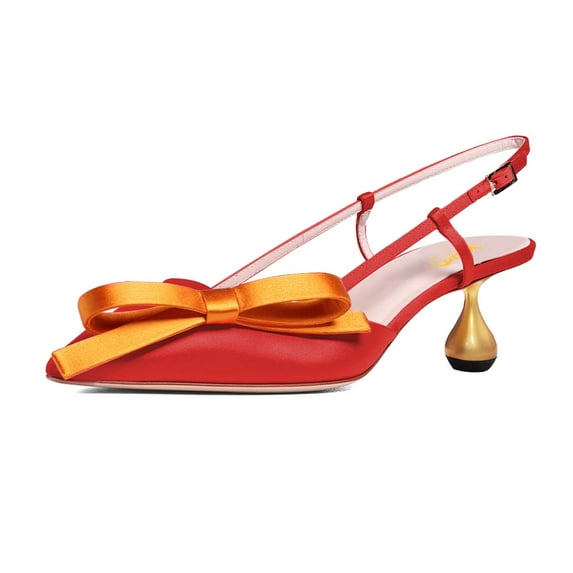XYD Women Chic Bowknot Pointed Toe Slingback Pumps Metal Flared Low Heels Buckled Strap Sandals Dressy Shoes Size 14.5 Red-orange