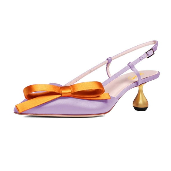 XYD Women Chic Bowknot Pointed Toe Slingback Pumps Metal Flared Low Heels Buckled Strap Sandals Dressy Shoes Size 15.5 Light Purple-orange