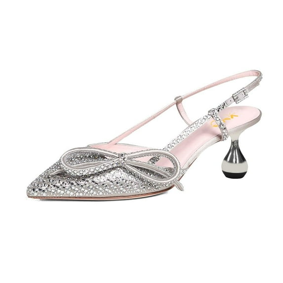 XYD Women Chic Bowknot Pointed Toe Slingback Pumps Metal Flared Low Heels Buckled Strap Sandals Dressy Shoes Size 4.5 Silver Gray Crystal