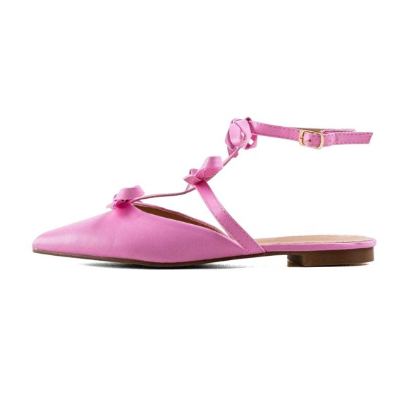 XYD Women Chic Bows Pointy Close Toe T-Strap Flats Sandals Ankle Strap Slingbacks Daily Comfy Shoes Size 6.5 Pink