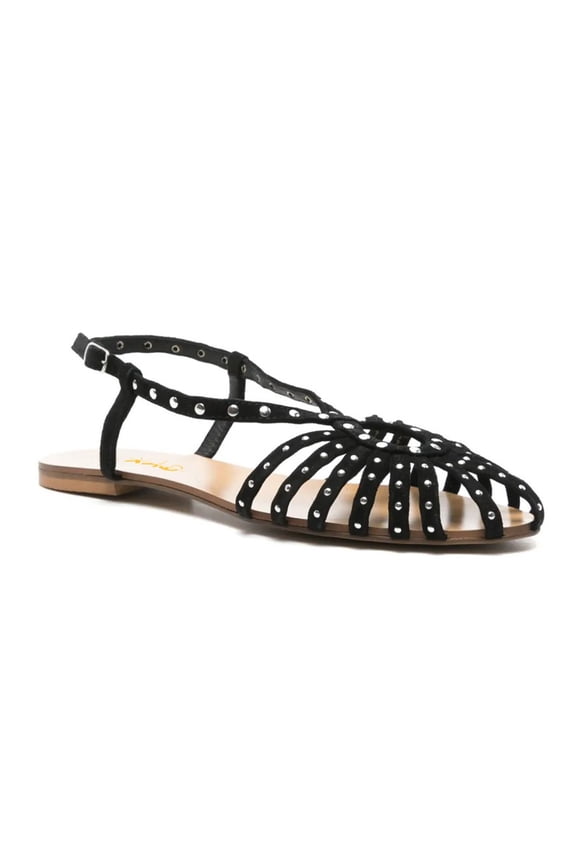 Women Chic Caged Toe Studded Sandals Buckled Slingback Strap Openwork Flats Casual Dress Summer Outdoor Shoes Size 16 Black