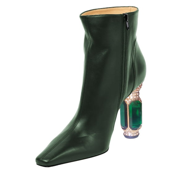 XYD Women Chic Square Toe Ankle Boots Rhinestone Block High Heels Side Zip Booties Event Party Shoes Size 9.5 Green