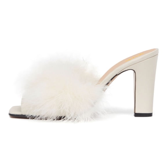 XYD Women Chic Faux Fur Backless Slides Mules Square Open Toe Sandals Chunky High Heel Slip On Pumps Dressy Shoes Size 11.5 White