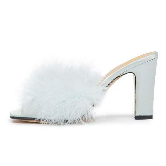 XYD Women Chic Faux Fur Backless Slides Mules Square Open Toe Sandals Chunky High Heel Slip On Pumps Dressy Shoes Size 12 Blue