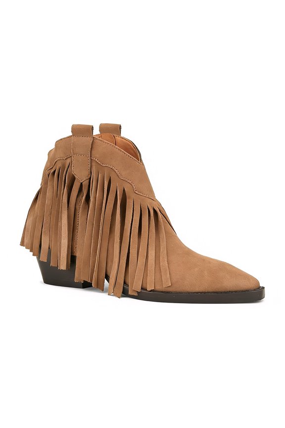 Women Chic Fringes Ankle Boots Stacked Chunky Heels Cowboy Pointed Toe Pull-on Booties Versatile Dress Shoes Size 10 Camel