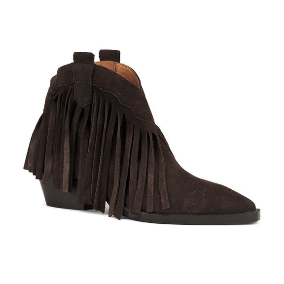 XYD Women Chic Fringes Ankle Boots Stacked Chunky Heels Cowboy Pointed Toe Pull-on Booties Versatile Dress Shoes Size 4.5 Dark Brown