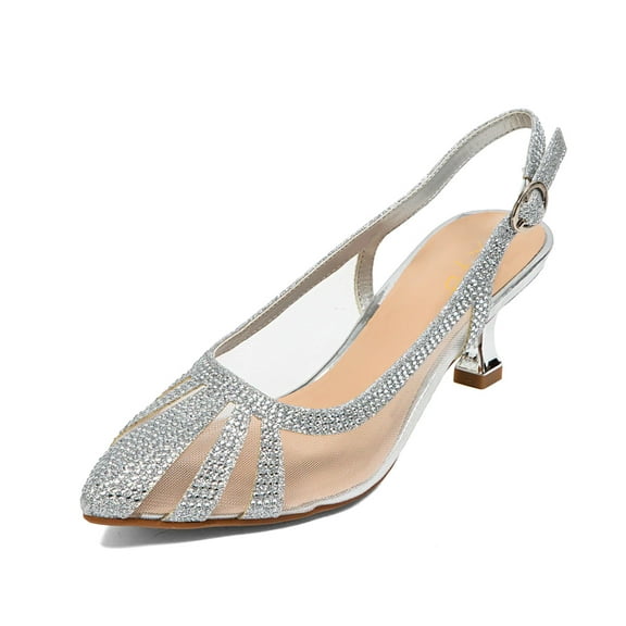 XYD Women Chic Mesh Rhinestone Studs Pointed Toe Pumps Kitten Low Heels Slingback Party Shoes Size 5.5 Silver