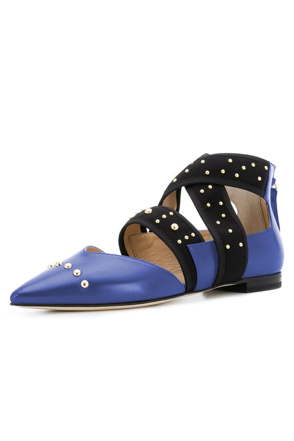Women Chic Pointed Closed Toe Back Zip D'Orsay Studded Flats Elastic Strappy Casual Shoes Size 15.5 Blue