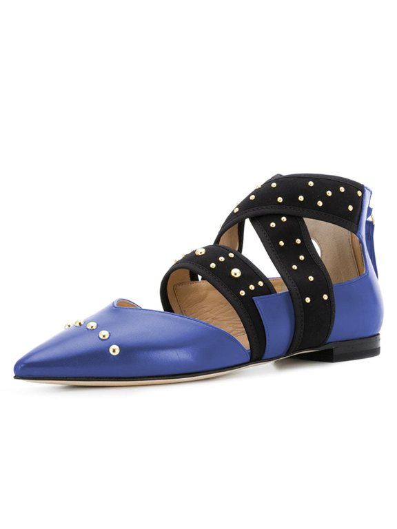 Women Chic Pointed Closed Toe Back Zip D'Orsay Studded Flats Elastic Strappy Casual Shoes Size 16 Blue