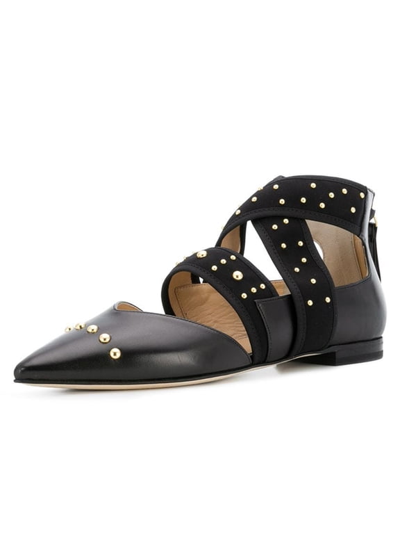 Women Chic Pointed Closed Toe Back Zip D'Orsay Studded Flats Elastic Strappy Casual Shoes Size 5 Black
