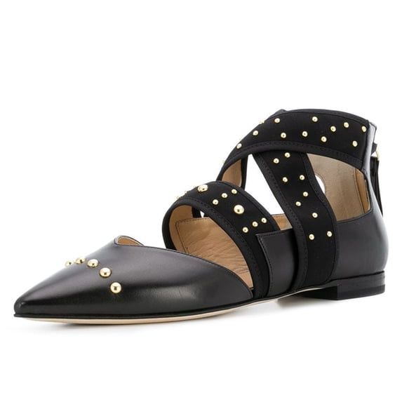 XYD Women Chic Pointed Closed Toe Back Zip D'Orsay Studded Flats Elastic Strappy Casual Shoes Size 7 Black