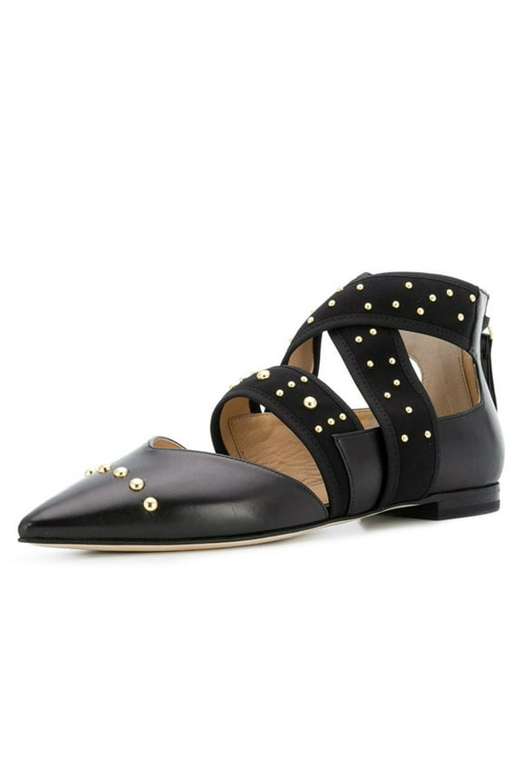Women Chic Pointed Closed Toe Back Zip D'Orsay Studded Flats Elastic Strappy Casual Shoes Size 7 Black