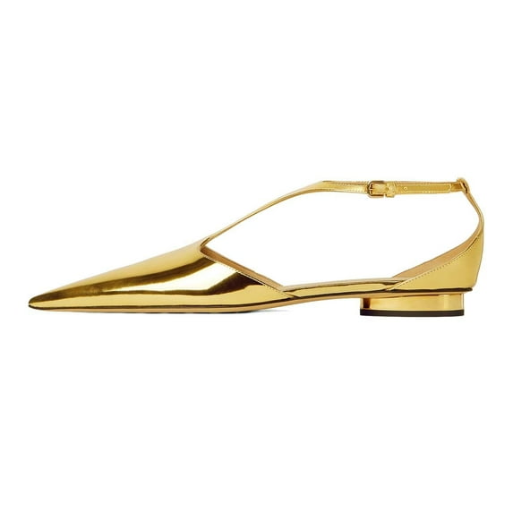 XYD Women Chic Pointed Closed Toe Flats Low Heel Chunky Slender T-Strap with Buckle Dress Party Casual Shoes Size 4 Gold