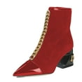 thumbnail image 1 of XYD Women Chic Pointed Closed Toe Middle Metal Chain Strap Ankle Boots Side Zip Chunky Chain Low Heel Bootie Shoes Size 12.5 Red, 1 of 4