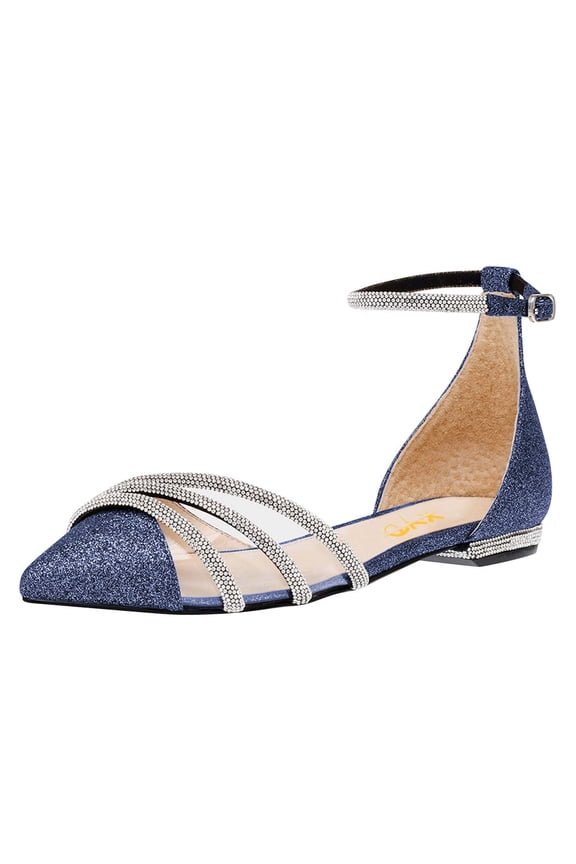 Women Chic Pointed Toe D'Orsay Flat Sandals Glitter Rhinestones Buckle Ankle Strap Shoes for Bride Wedding Size 10 Blue