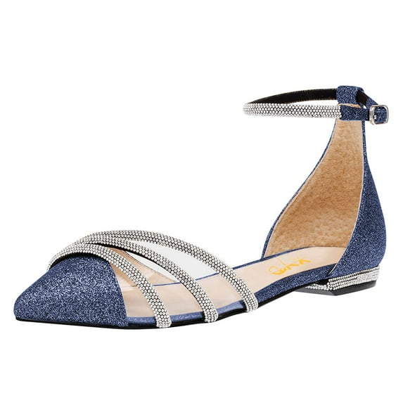 XYD Women Chic Pointed Toe D'Orsay Flat Sandals Glitter Rhinestones Buckle Ankle Strap Shoes for Bride Wedding Size 8 Blue